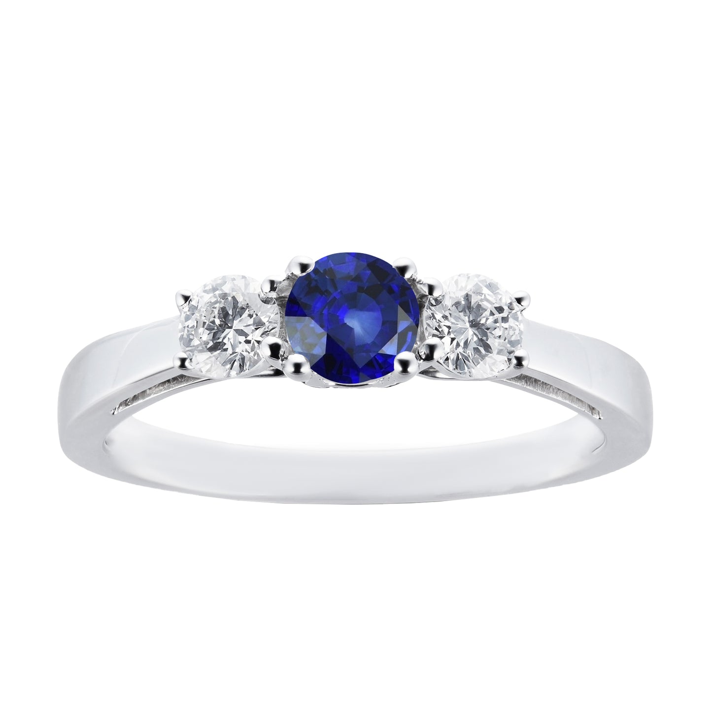 Round Diamond & Ceylon Sapphire Ring Ladies Brilliant Sparkling 3 Stone White Gold