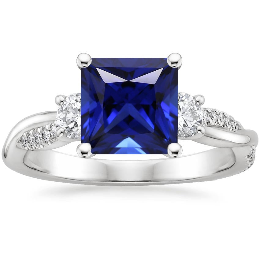 3 Stone High Quality Fancy Style Princess Cut Ceylon Sapphire Ring With Diamonds