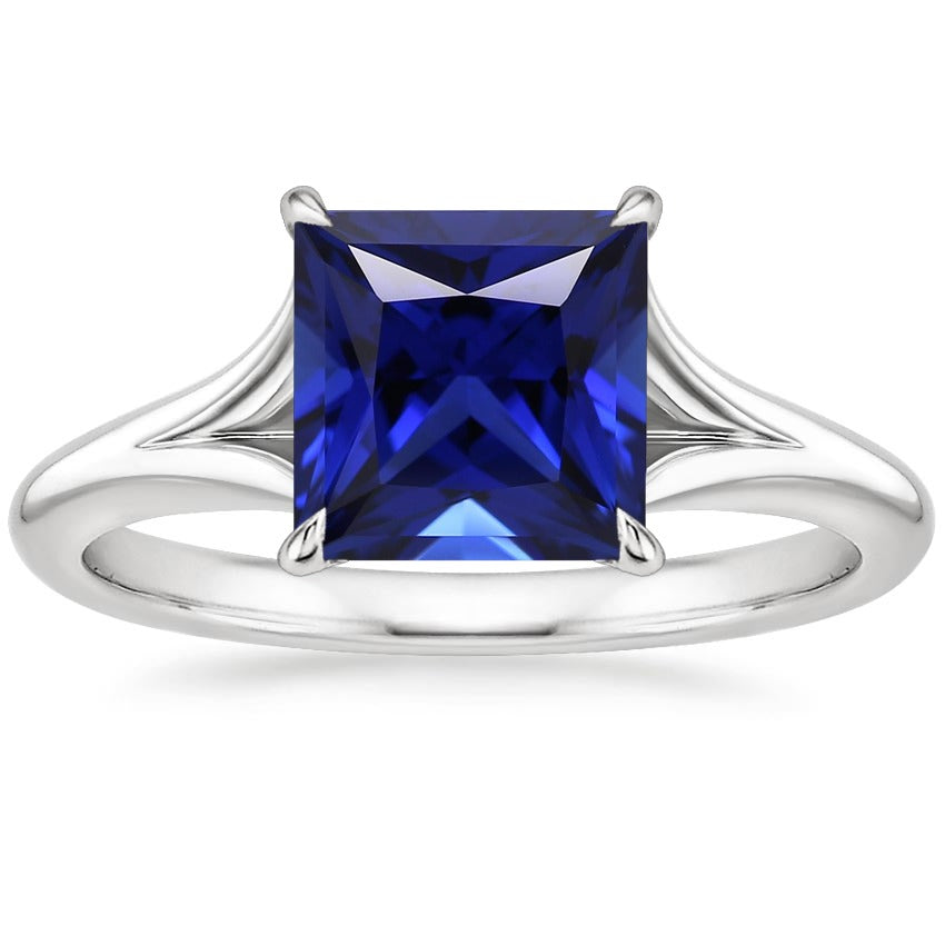 High Quality Fancy White Gold Solitaire Ring Princess Blue Sapphire Split Shank