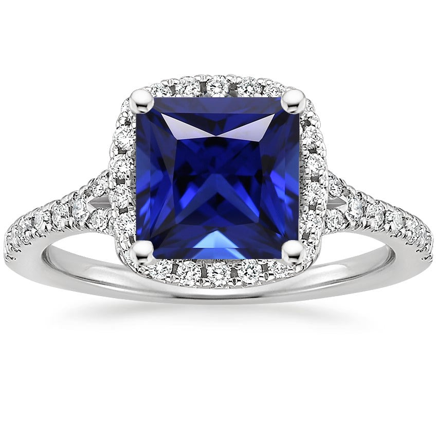 High Quality Fancy Halo Diamond & Blue Sapphire Ring With Accents V Split Shank