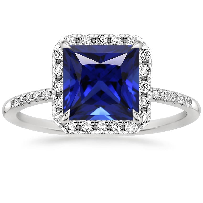 High Quality Fancy Women Halo Ring Princess Blue Sapphire With Pave Diamonds