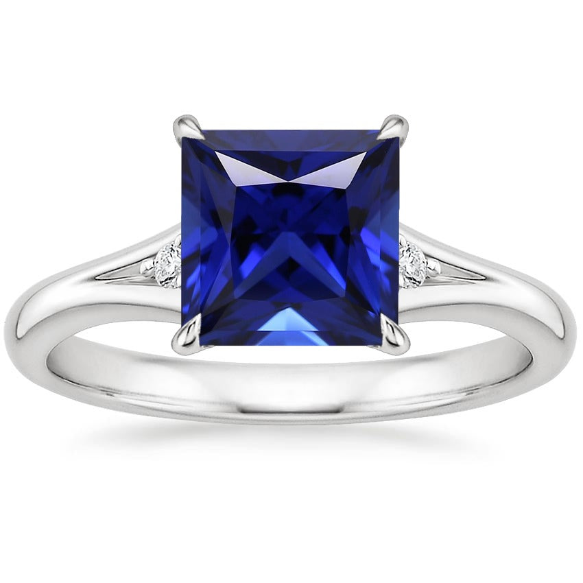 New Amazing Stylish Three Stone Blue Sapphire and Diamond Princess