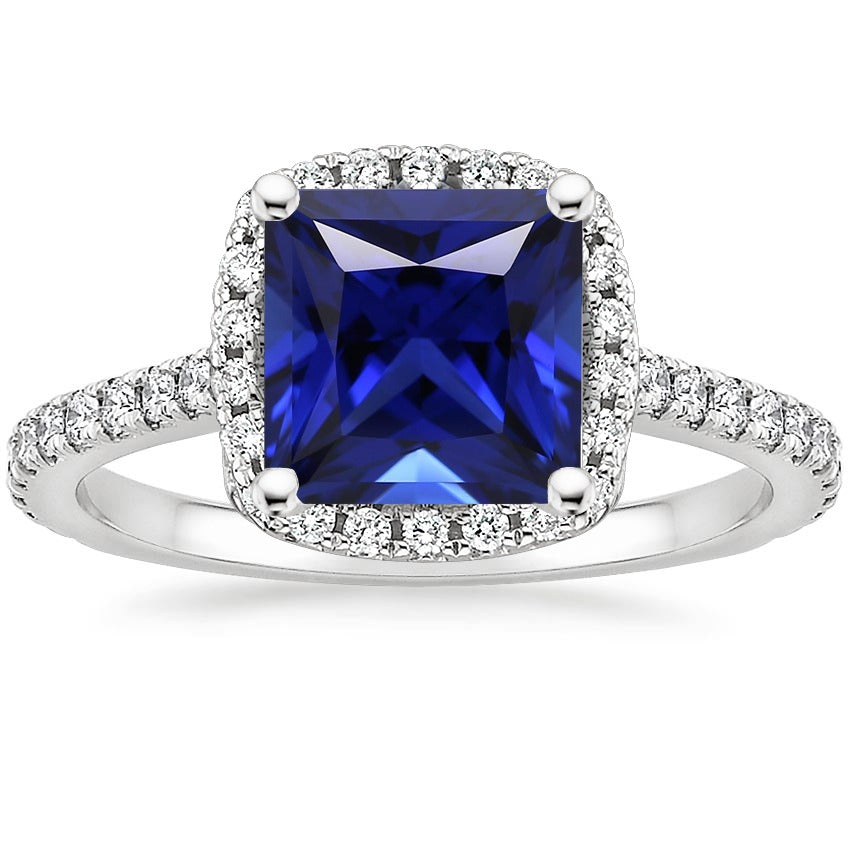 New High Quality Wedding Ceylon Sapphire Halo Diamond Ring 6 Carat Princess Cut With Accents