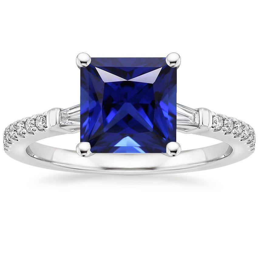 Ladies Stylish Fancy Ceylon Sapphire Diamond Accents Ring Solitaire Princess Cut