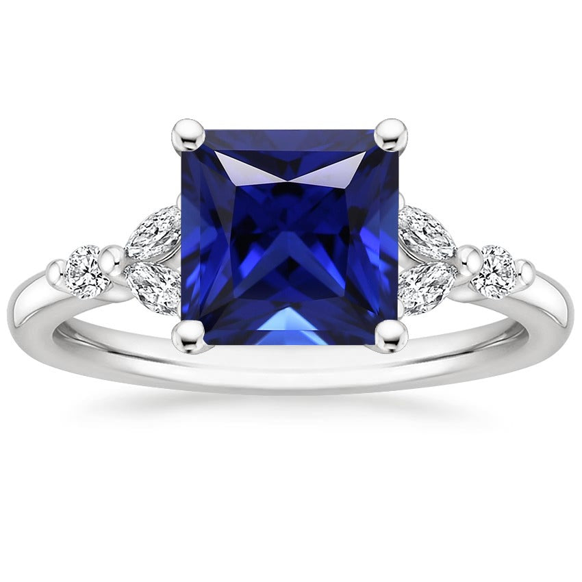 Engagement Ladies Sparkling Ring Princess Cut Ceylon Sapphire and Diamond