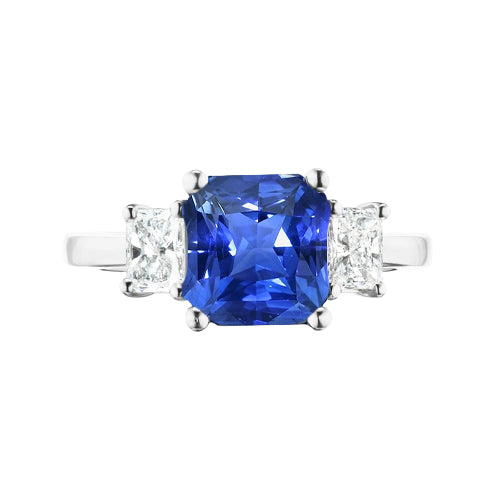 Radiant Diamond & Blue sapphire Ring 3 Stone Gemstone Jewelry Half bazel fancy Engagement