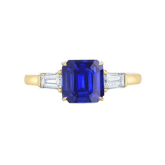 Yellow Gold Diamond Ring Ladies New weeding Asscher Cut Ceylon Sapphire 3 Stone
