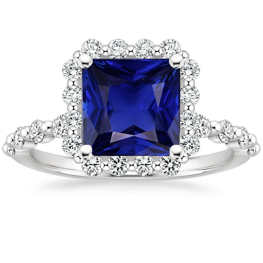 High Quality Unique Gold Diamond Ring Halo Flower Style Princess Blue Sapphire