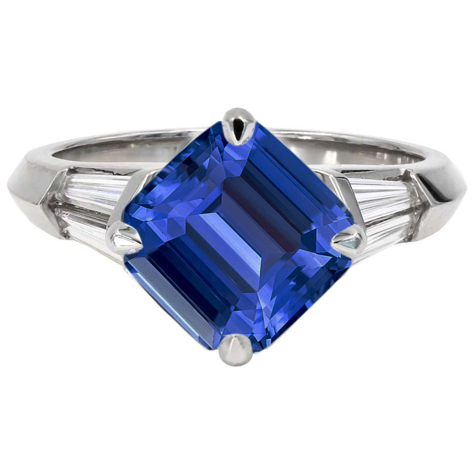 Emerald Blue Sapphire & Baguette Diamond Ring