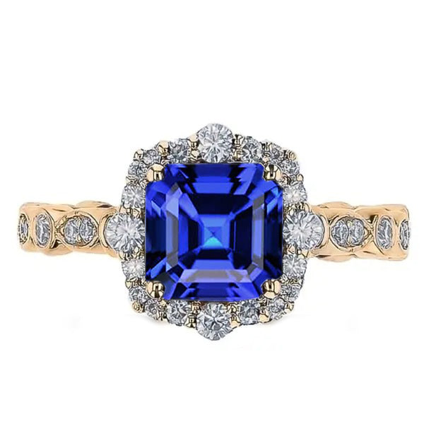 Asscher Blue Sapphire Ladies Stylish Yellow Gold Halo Ring Flower Style