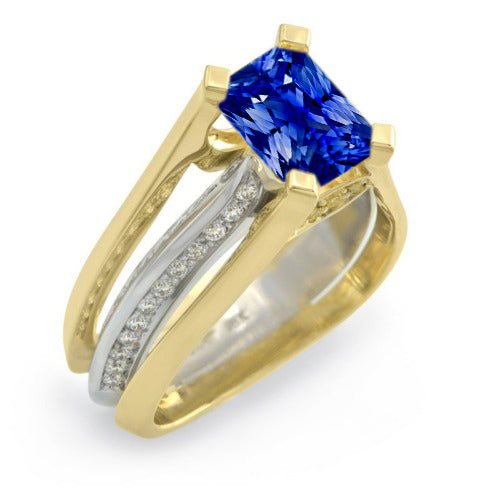 Two Tone Gold Diamond Ring Radiant Ceylon Sapphire Lady’s Round Anniversary