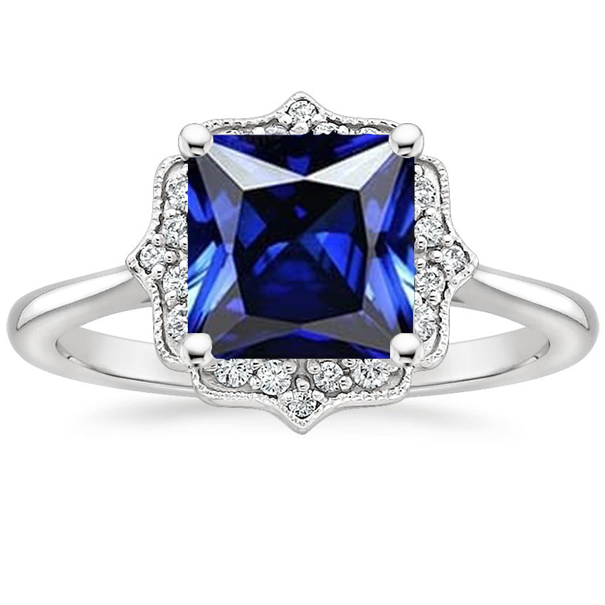 Lady’s Brilliant Engagement Vintage Style Diamond Halo Ring Ceylon Sapphire Gemstone