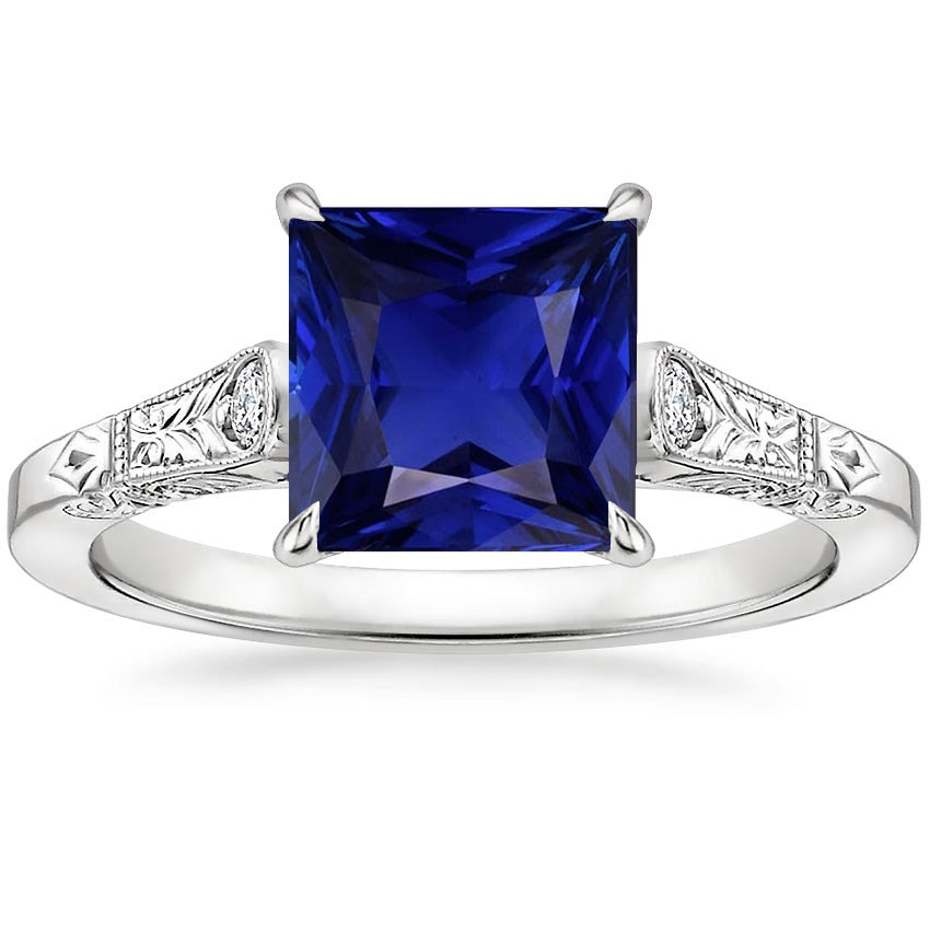 Lady’s Brilliant Engagement White Gold 3 Stone Diamond & Princess Blue Sapphire Ring