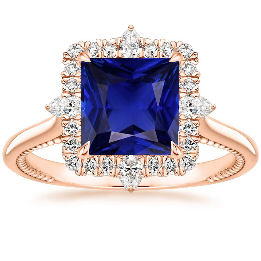 Halo Engagement Ring Vintage Style Blue Sapphire 6.25 Carats Rose Gold