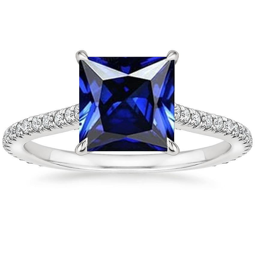 Princess Solitaire Ring Gorgeous Ladies Stylish Ceylon Sapphire With Pave Set Accents