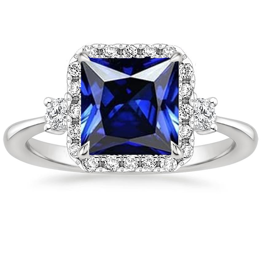 LAdies Halo Diamond Ring Princess Blue Sapphire Center BEst White Gold