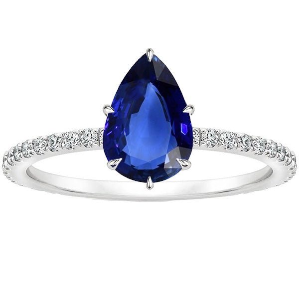 New Fancy Solitaire Pear Blue Sapphire Ring With Accents Pave Setting