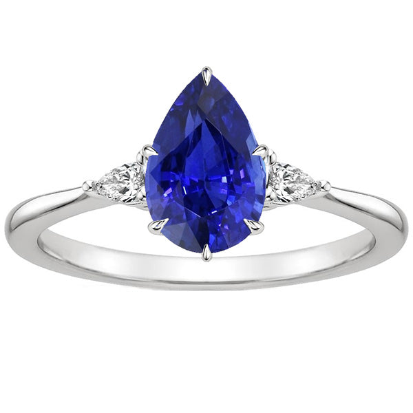 Three Stone Gemstone Ring Pear Ceylon Sapphire & Natural Earth Mined Diamonds 4.25 Carats