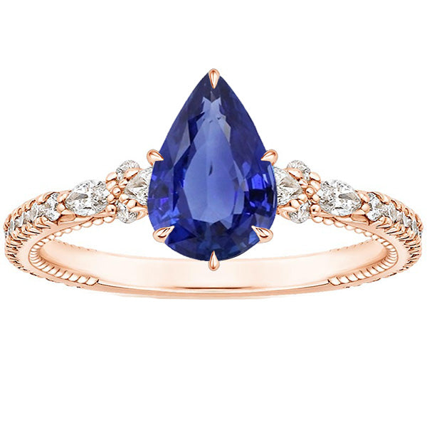 Princess Cut High Rose Gold Diamond Ring Pear Ceylon Sapphire Vintage Style