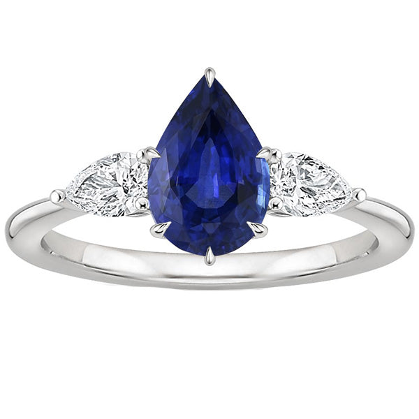 Sparkling Unique Pear Diamond Anniversary Ring 3 Stone Blue Sapphire Prongs