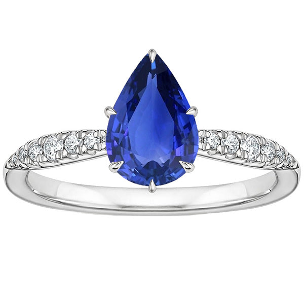Women Diamond Engagement Solitaire Ring With Accents Pear Cut Blue Sapphire & Diamonds
