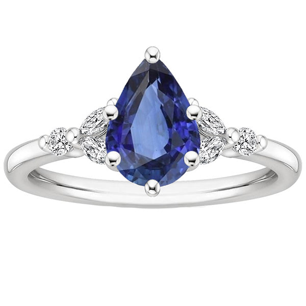 New High Quality Wedding Solitaire Accents Ring Pear Blue Sapphire & Diamonds
