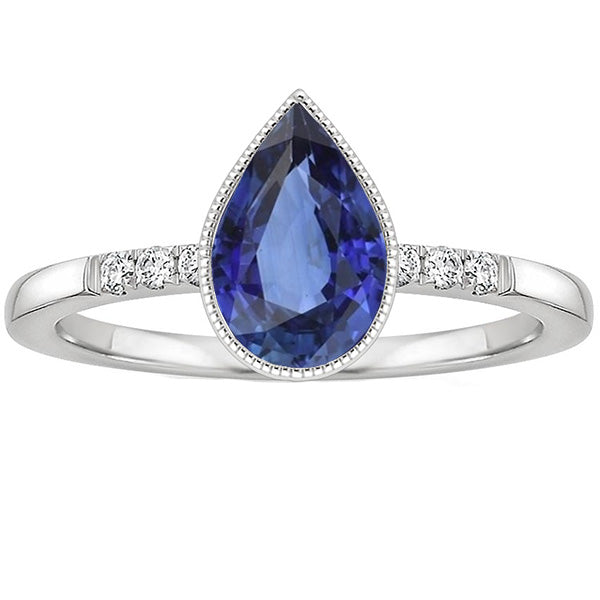 New High Quality Wedding Halo Bezel Set Ring Pear Sri Lankan Sapphire & Diamonds