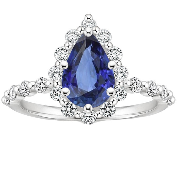Halo Ring Flower Style Pear Blue Sapphire & Natural Earth Mined Diamonds 5 Carats