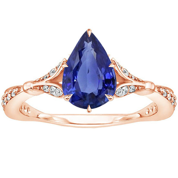 Ladies Fancy Princess Accented Engagement Ring Pear Ceylon Sapphire & Diamonds