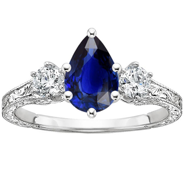 Lady’s Round Anniversary Three Stone Ring Antique Style Pear Blue Sapphire & Diamonds