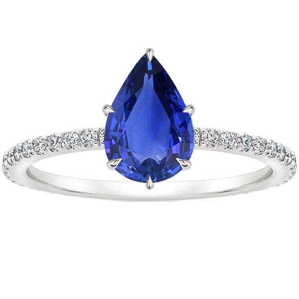 Woman's Weeding Anniversary Women Engagement Ring Pear Blue Sapphire & Pave Set Diamond