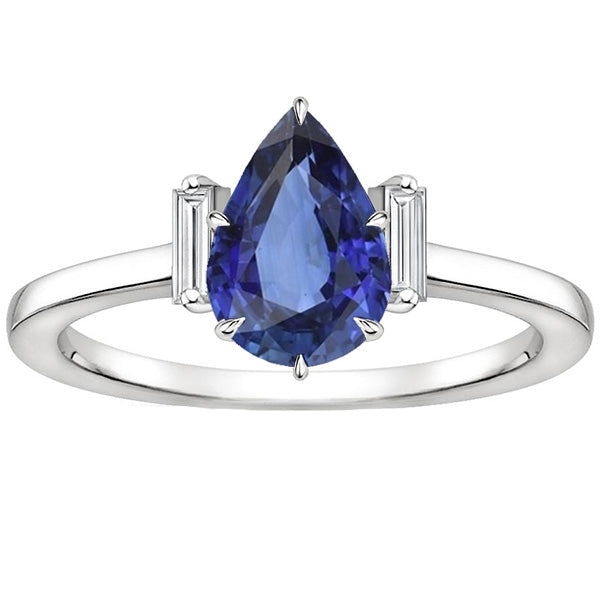 New Amazing Style Three Stone Ring Pear Sri Lankan Sapphire & Baguette Diamonds