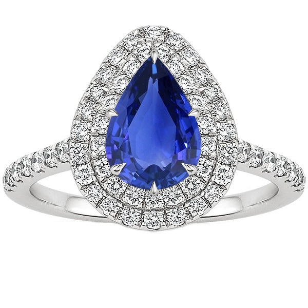 Ladies Style Double Halo Ring Pear Cut Ceylon Sapphire & Diamonds