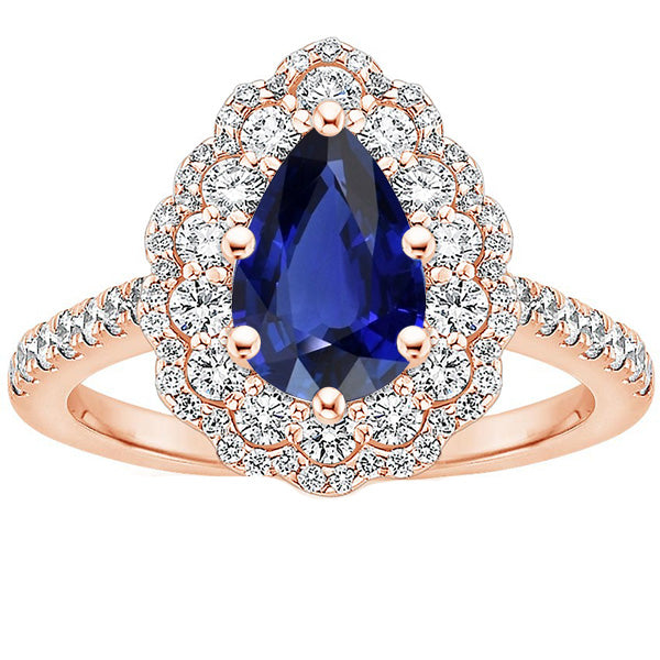 Double Halo Ring Rose Gold Flower Style Pear Ceylon Sapphire