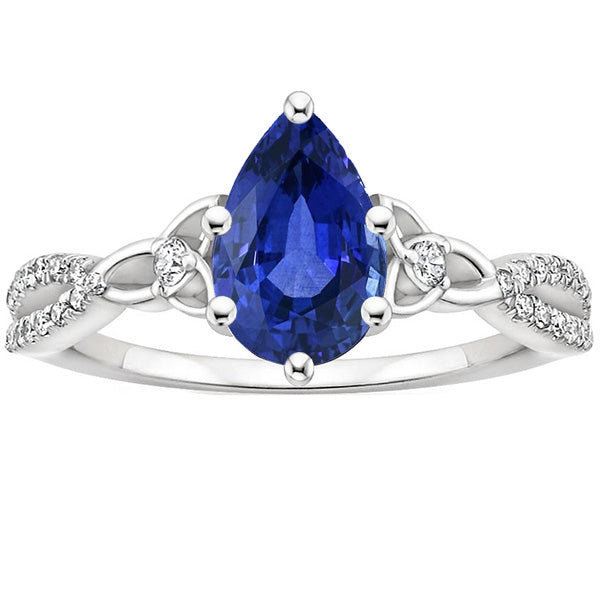 3 Stone Ring Lady’s Round Anniversary Ceylon Sapphire & Round Diamond Accents