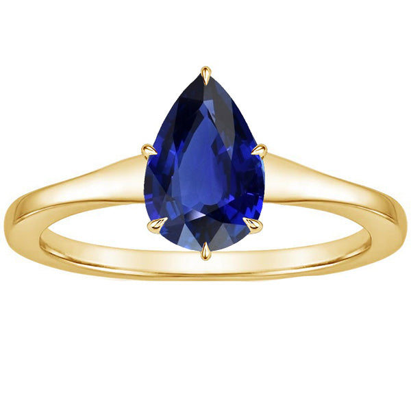 Yellow Gold Lady’s Round Anniversary Solitaire Ring Teardrop Style Ceylon Sapphire