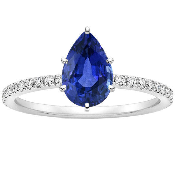 Woman's Weeding Anniversary Solitaire Pear Ceylon Sapphire Ring With Accents Pave Set