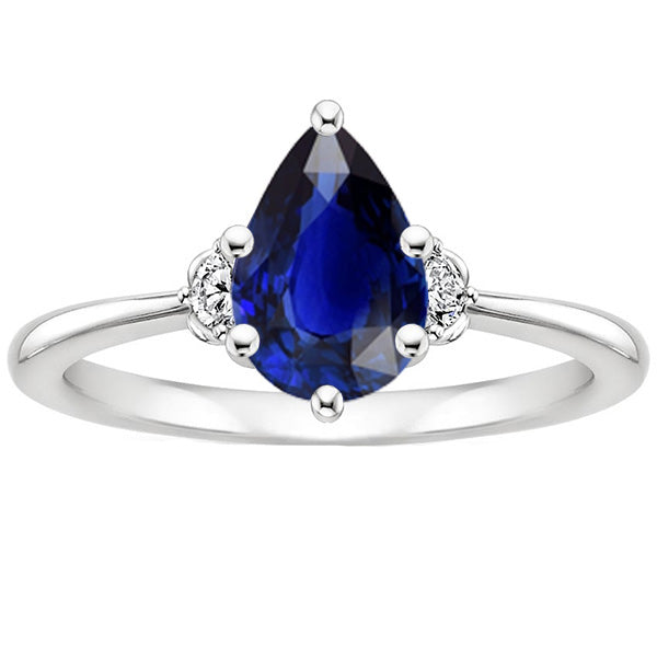 Blue Sapphire Fancy Lady’s Vintage Style Engagement Ring 3 Stones Diamond Pear