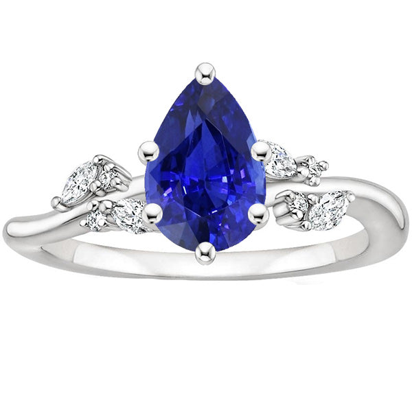Solitaire Fancy Lady’s Vintage Style Blue Sapphire Ring With Diamonds Accents