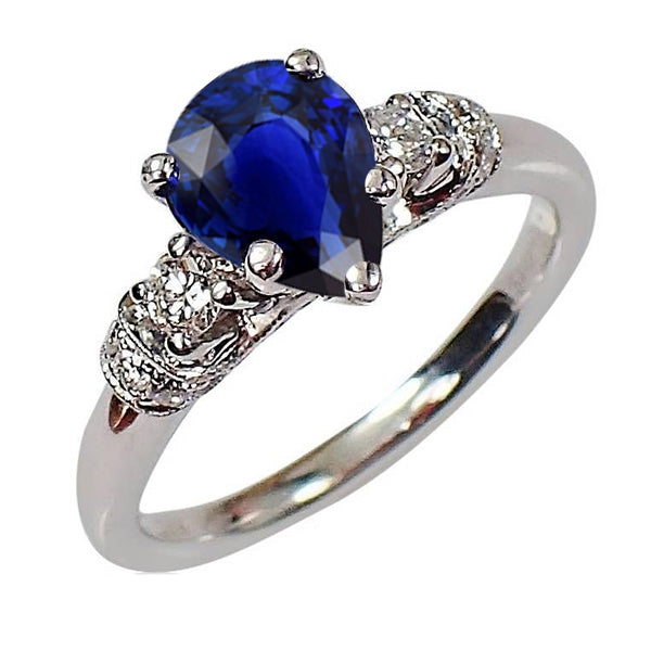 3 Stones Ring Antique Style Pear Ceylon Sapphire & Natural Earth Mined Diamonds 2 Carats
