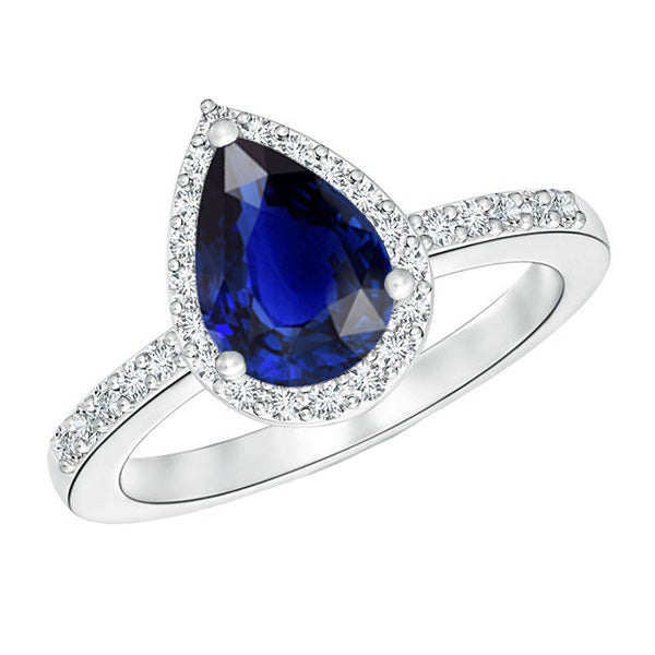 Natural Earth Mined Diamond Halo Ring Pear Cut Sri Lankan Sapphire 3.75 Carats
