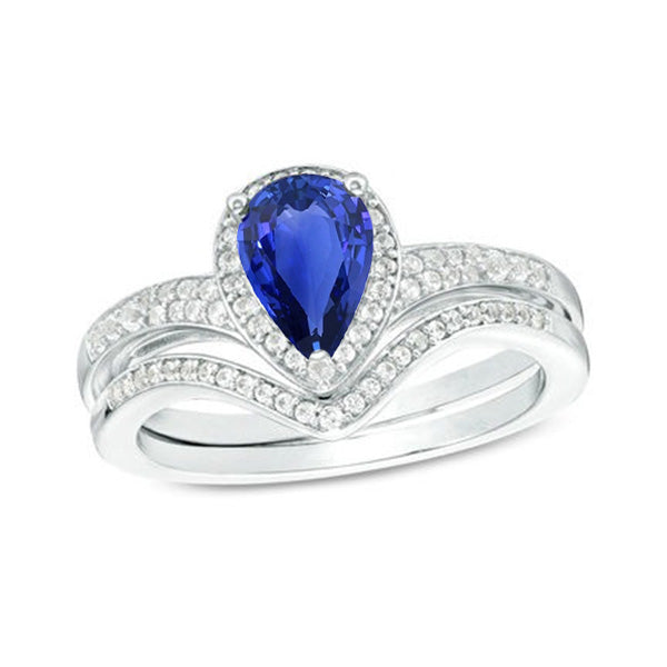 Lady’s Round Anniversary Diamond Engagement Ring Set Pear Ceylon Sapphire