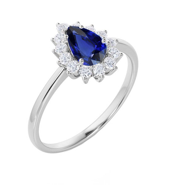 Lady’s Round Anniversary Halo Diamond Ring Star Style Pear Sri Lankan Sapphire