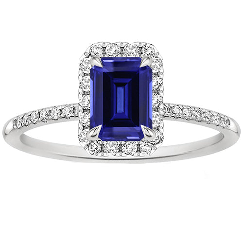Gorgeous fancy Halo Fancy Diamond Ring Emerald Cut Sri Lankan Sapphire