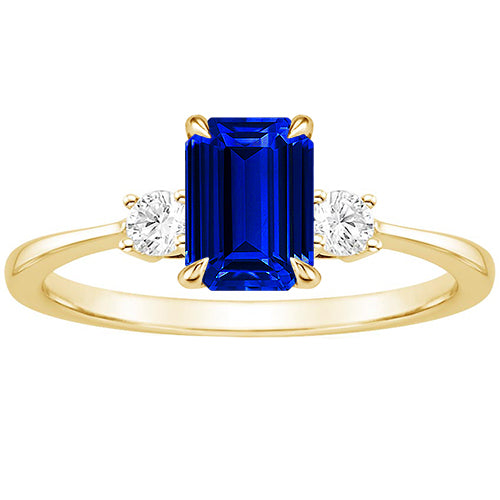 New Stylsh Yellow Gold Emerald 3 Stones Ring Blue Sapphire & Diamond