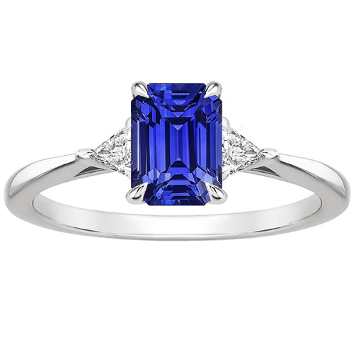 Gorgeous fancy 3 Stone Ring Emerald Ceylon Sapphire & Trillion Cut Diamond