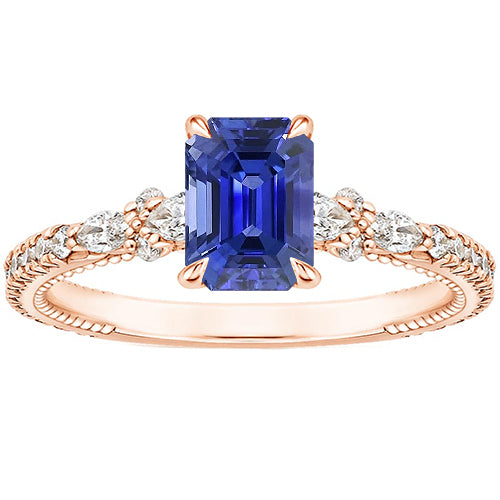 Gorgeous fancy Rose Gold Diamond Pave Setting Ring Radiant Blue Sapphire