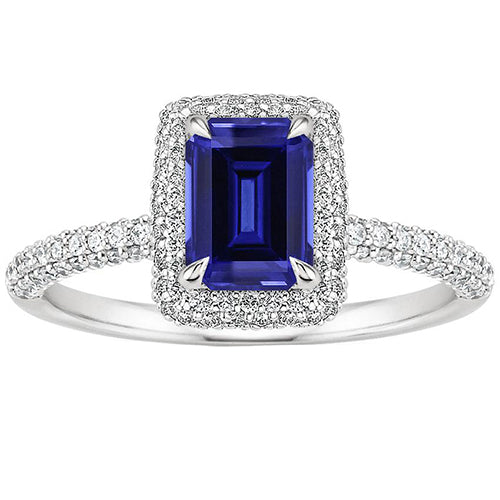 Gorgeous fancy White Gold Halo Ring Emerald Sri Lankan Sapphire & Diamond