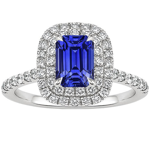 Halo Ring Emerald Blue Sapphire & Diamond 5 Carats White Gold