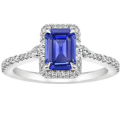 Gorgeous fancy High Quality Unique Halo Ring White Gold Emerald Blue Sapphire & Diamond